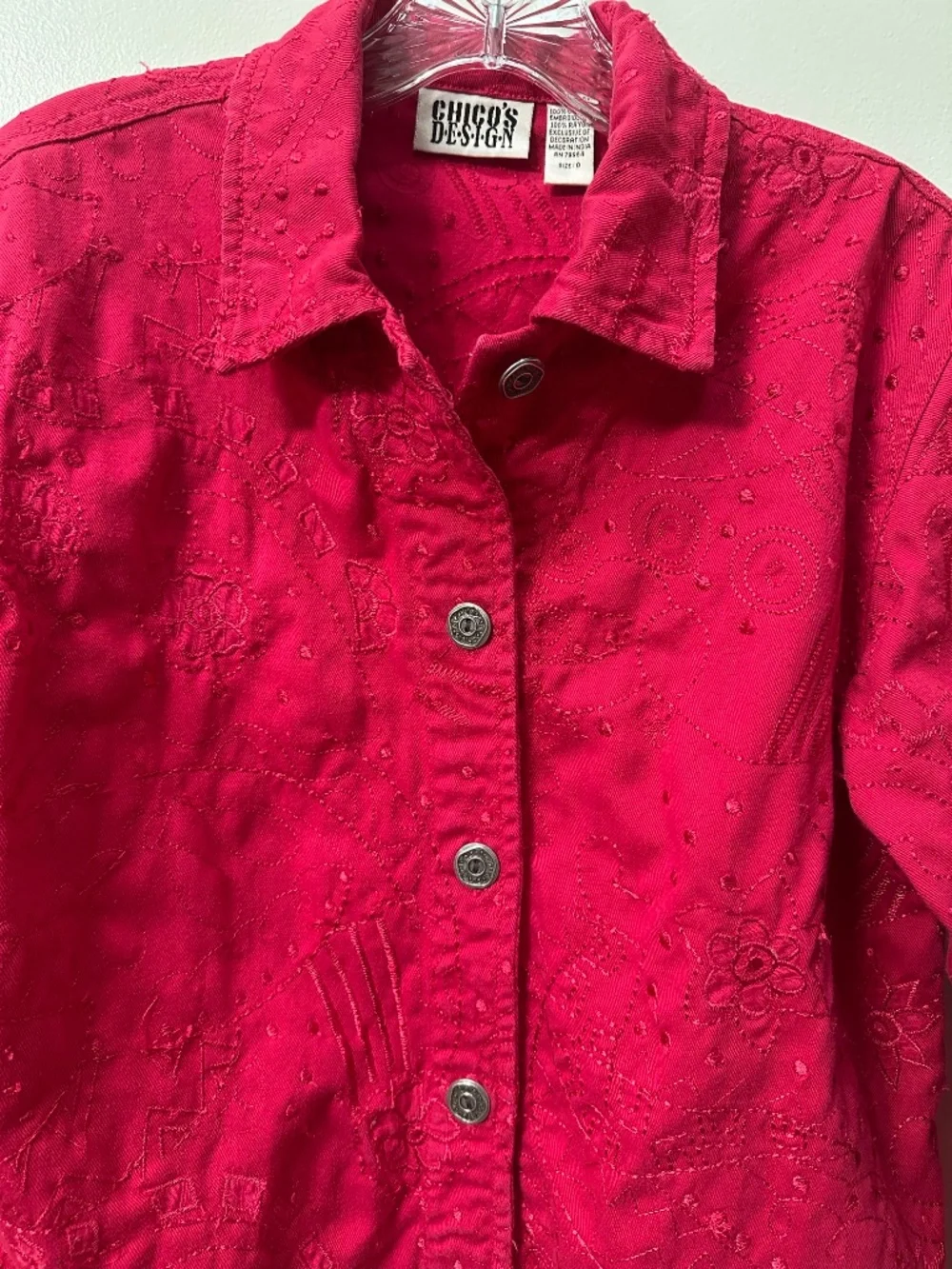 Chico's Design Pink Embroidered Jacket Cotton Floral Boho Art Jacket Sz. 0 Small